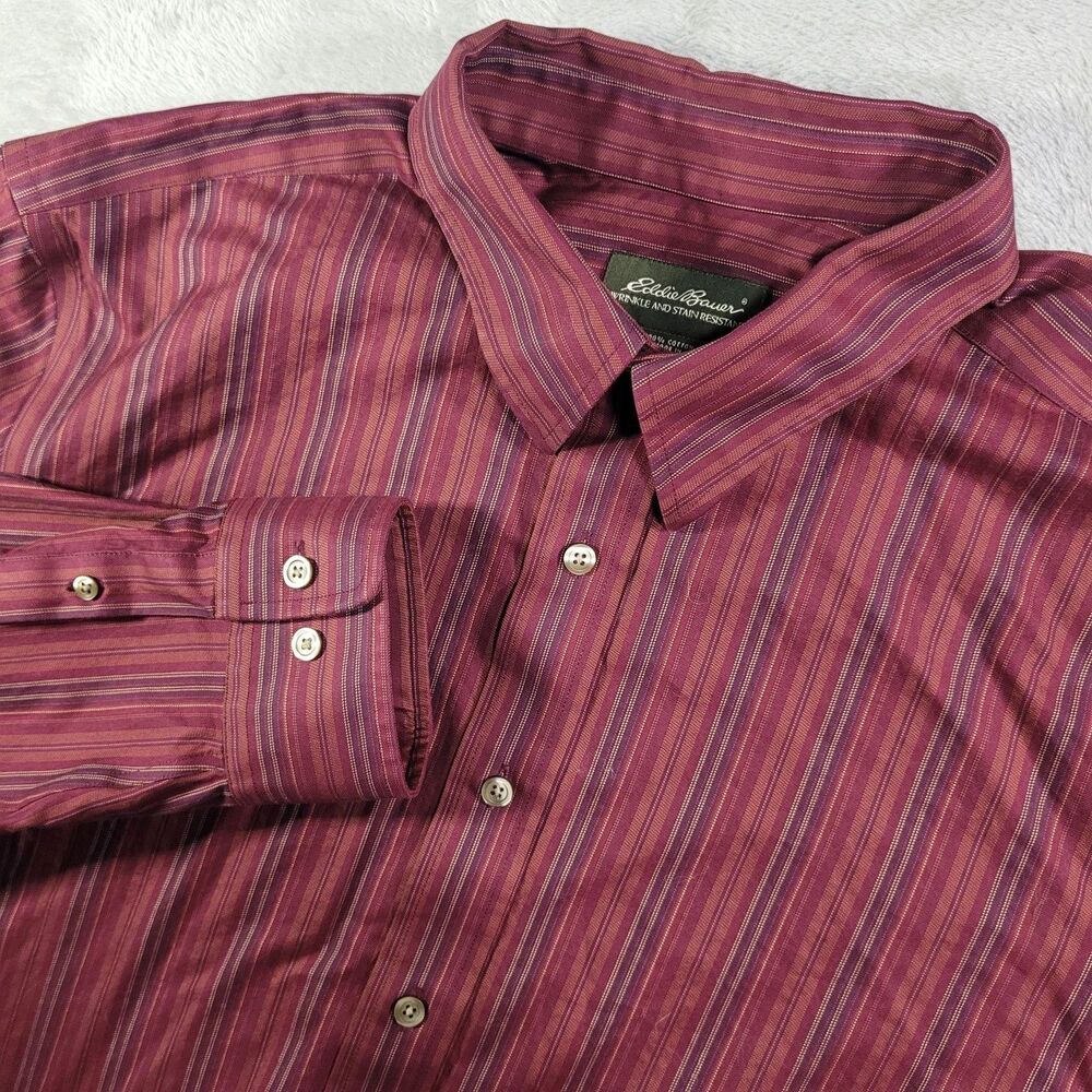 Eddie Bauer Shirt Mens XLT Red Striped Long Sleeve Button Up Wrinkle Resistant